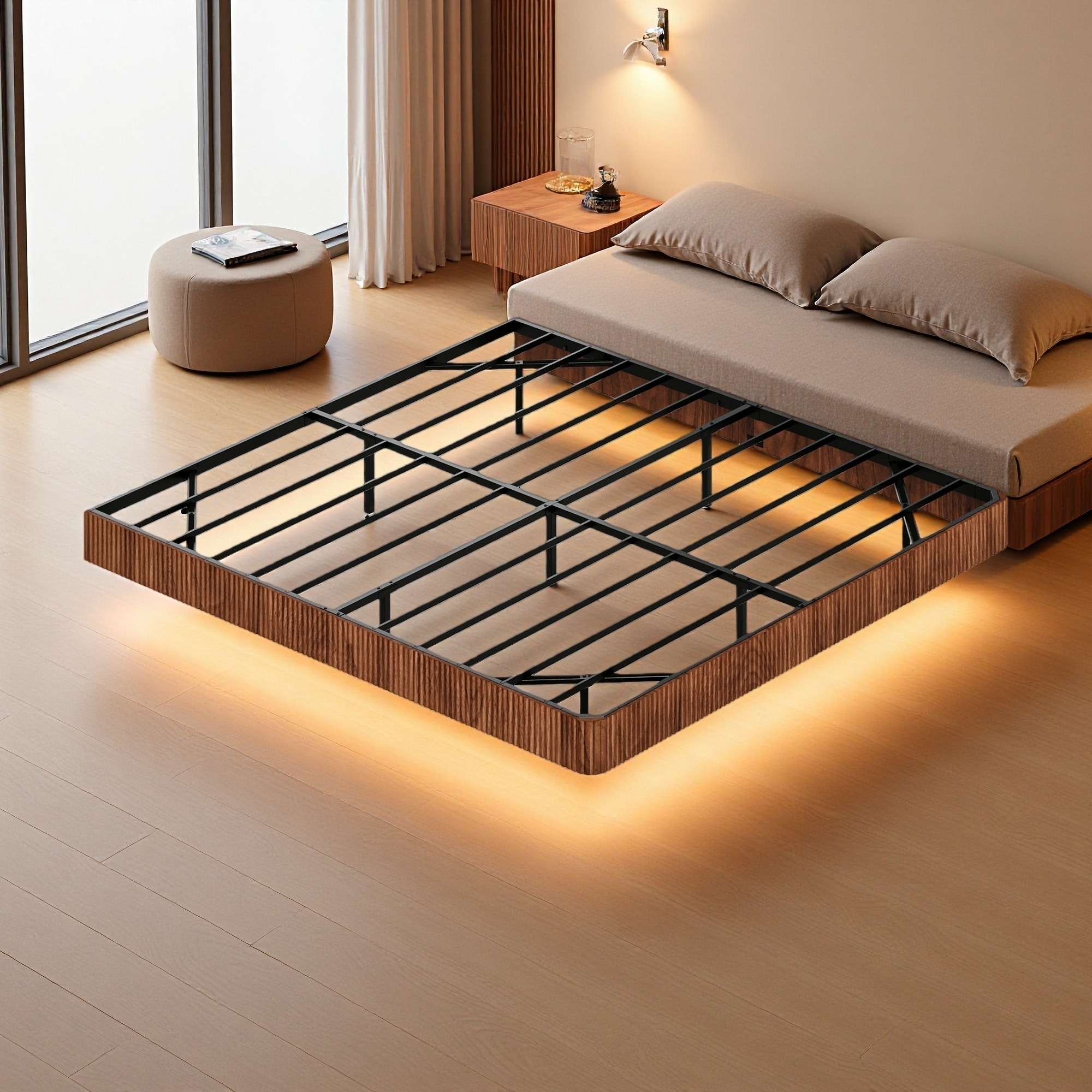 King MDF & Metal Floating Platform Bed with LED Lights & Wave Texture