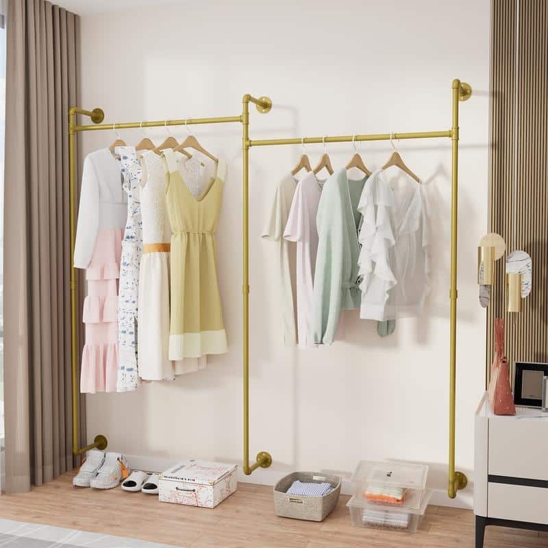 Industrial Pipe Clothes Rack Wall Mounted Iron Garment Bar for Closet Storage - 80.7x74.8 inch