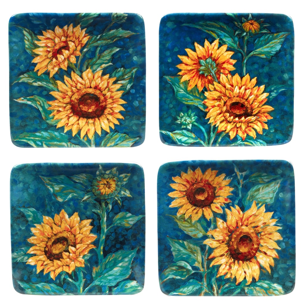 Certified International Golden Sunflowers Set of 4 Canape Plates - 6" x 6" x 0.75"