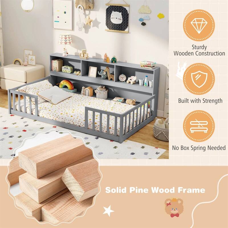 Pine Wood Twin Montessori Floor Bed with Bookshelf and Safety Rails