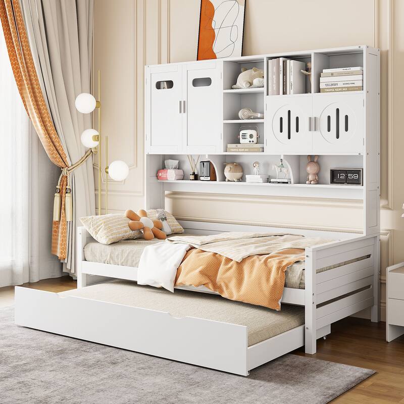 Full Size Wood Daybed with Built-in Storage Cabinet, Open Shelves & Twin Trundle Bed, Space-Saving Multi-Functional Frame - Twin White - Twin