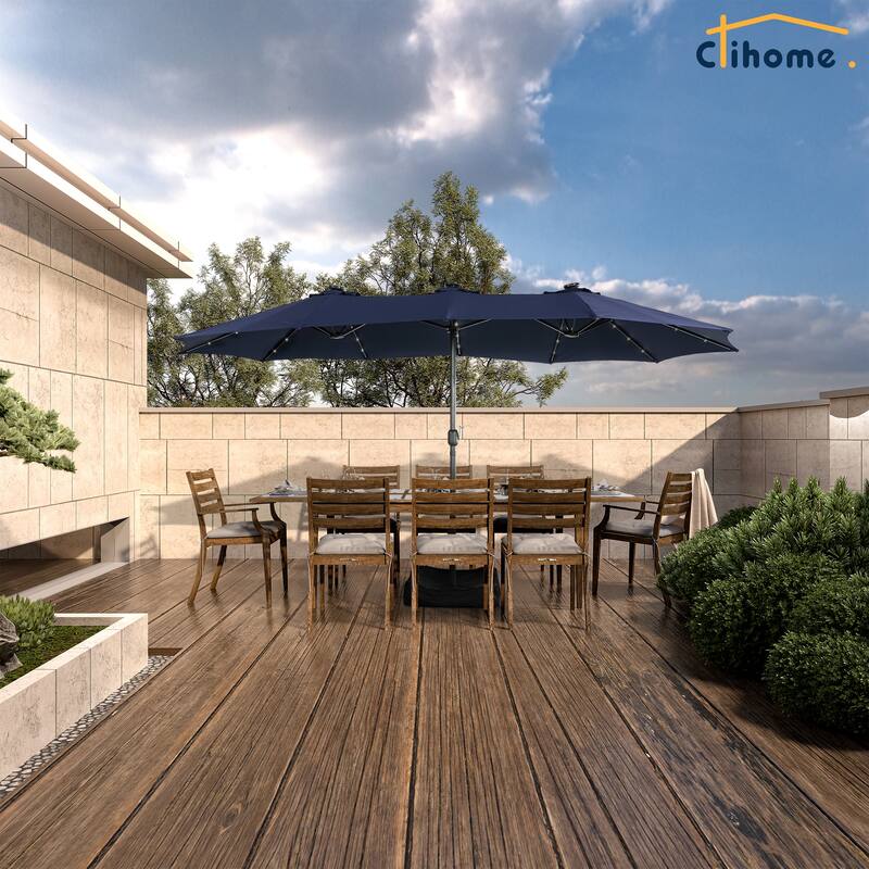 Clihome 15FT Double-Sided Solar Light Market Crank Umbrella with Base - Blue