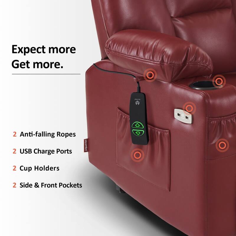 MCombo Power Lift Recliner Chair with Massage and Heat for Elderly, Extended Footrest, USB Ports, Faux Leather(Medium)