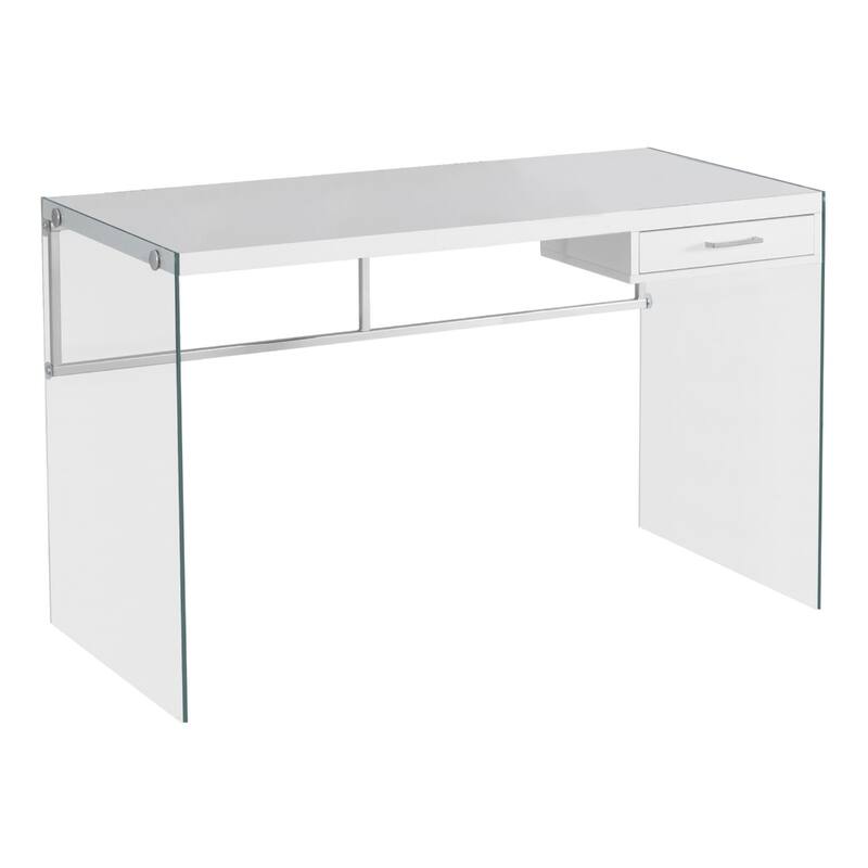 White Wood Computer Desk with Metal Base, Drawer and Cable Management - White-Clear