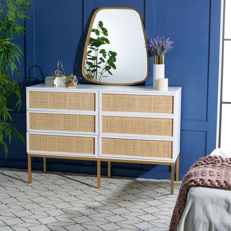 SAFAVIEH Audrey 6 Drawer Rattan Dresser - White/Natural