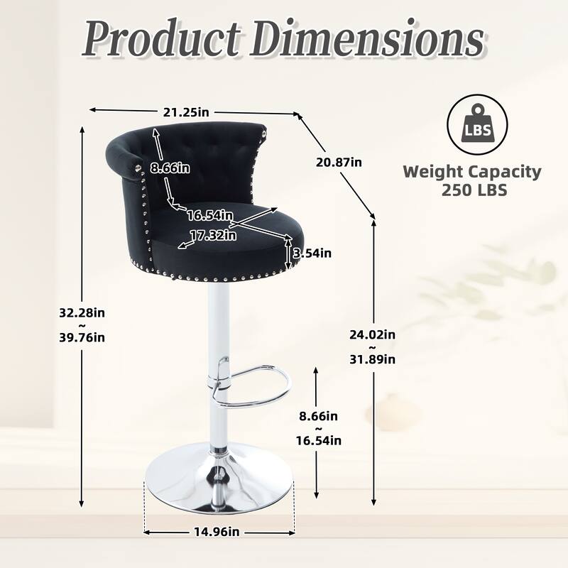 Adjustable Velvet Swivel Bar Stools with Metal Leg (Set of 2)