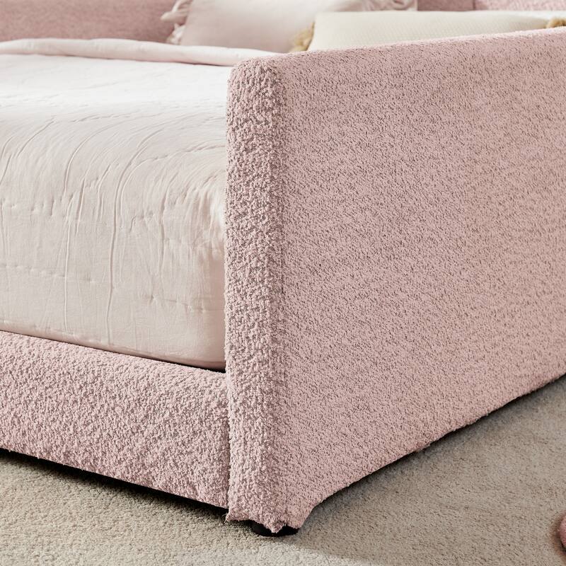 Full Size Upholstered Platform Bed with Cute Rabbit Ear Shaped Headboard, with Safety Rail and Pocket, Boucle Fabric