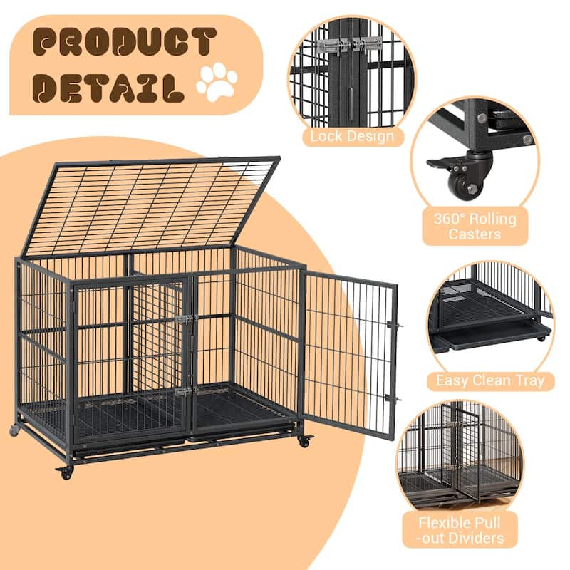 Heavy Duty Dog Crate, Escape-Proof Steel Kennel with Locking Wheels - N/A