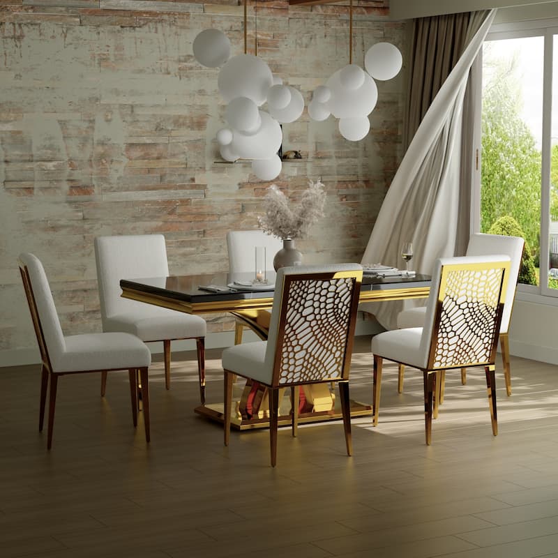 65 inch Faux Marble Dining Table Set with Boucle Dining Chairs
