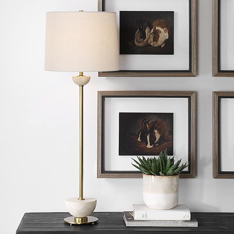 Buffet Lamp with Two Travertine Half Spheres - 36.5" - Brass Finish