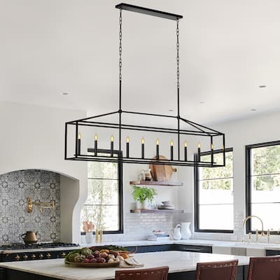 10-Light Large Farmhouse Chandelier Rectangle Kitchen Island Pendant Light Fixture