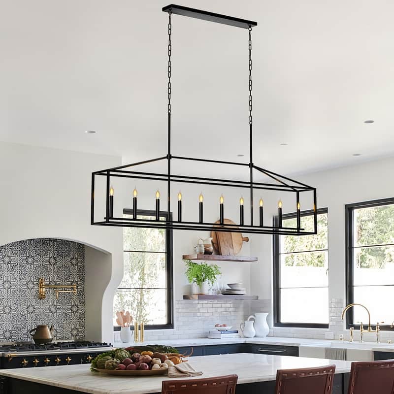 10-Light Large Farmhouse Chandelier Rectangle Kitchen Island Pendant Light Fixture