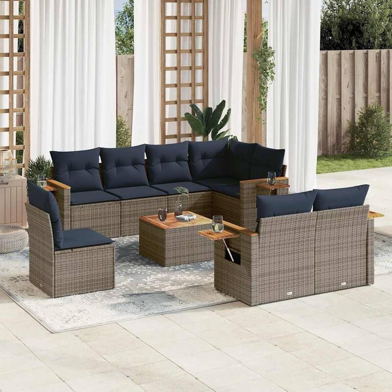 vidaXL 9 Piece Patio Sofa Set with Cushions Grey Poly Rattan (US only) - 101.2x33.5x66.9