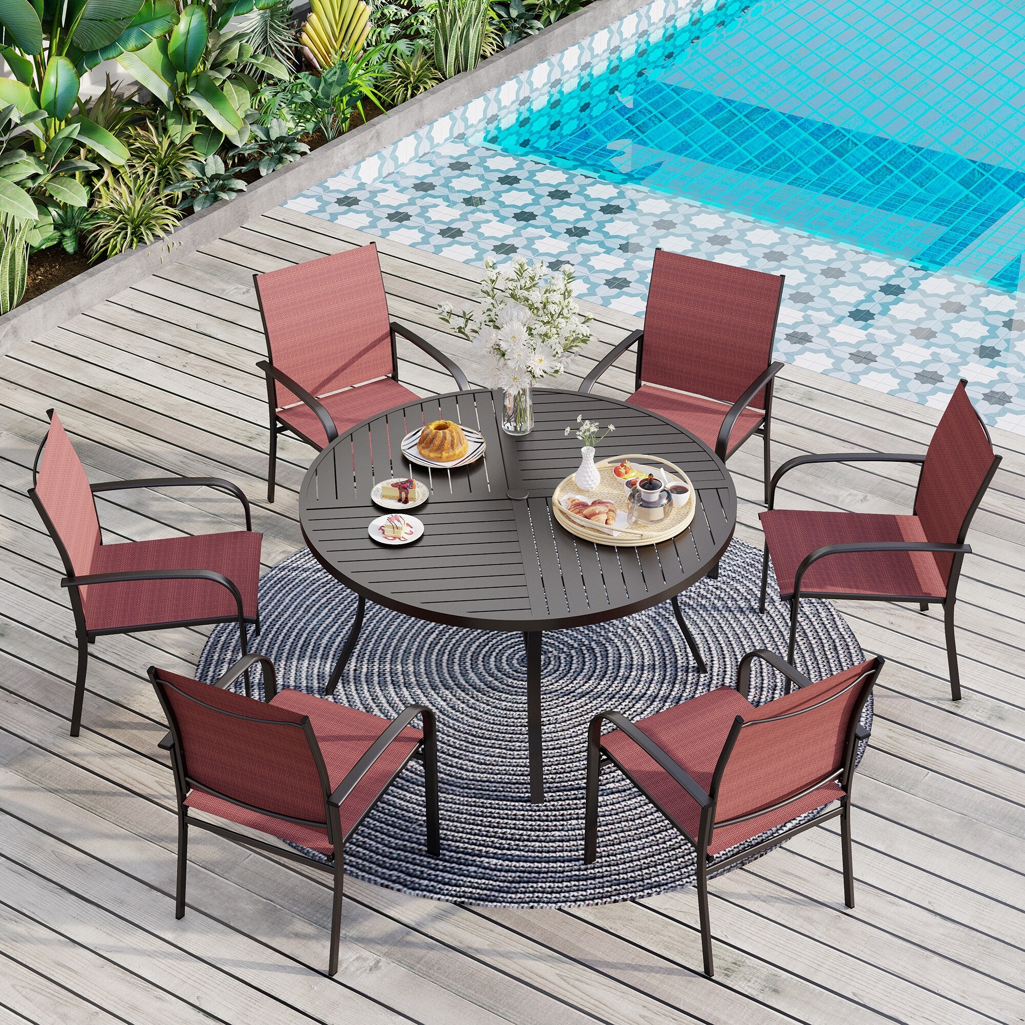 MAISON ARTS 7 Piece Patio Dining Set for 6 Large Round Dining Table with Umbrella Hole Textilene Dining Chairs