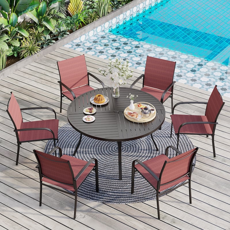 MAISON ARTS 7-Piece Patio Dining Set for 6, Large Round Dining Table with Umbrella Hole & Textilene Dining Chairs - Red Chairs
