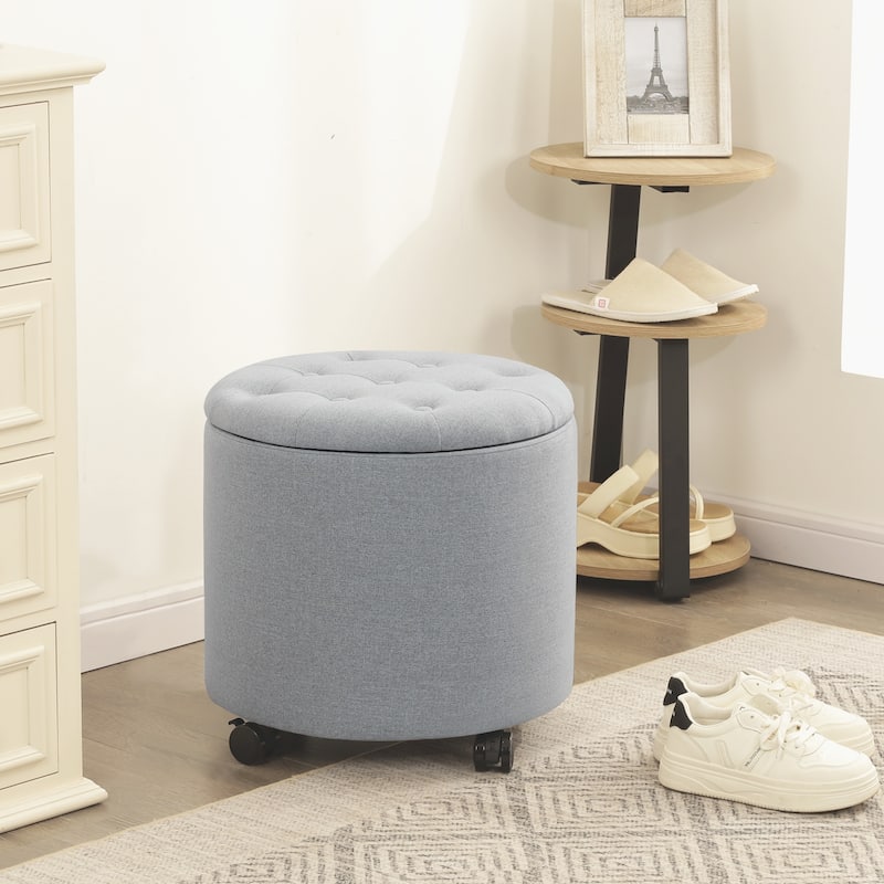 Adeco 17" Faux Leather Round Storage Ottoman with Tufted