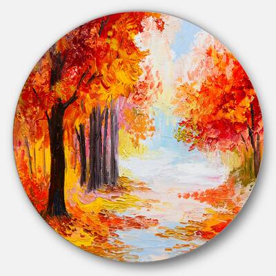 Designart 'Orange Forest in Autumn' Landscape Glossy Metal Wall Art