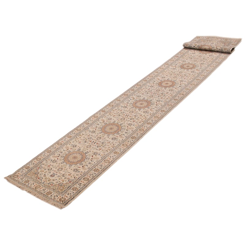 ECARPETGALLERY Hand-knotted Nain Cream Silk, Wool Rug - 2'8 x 30'11