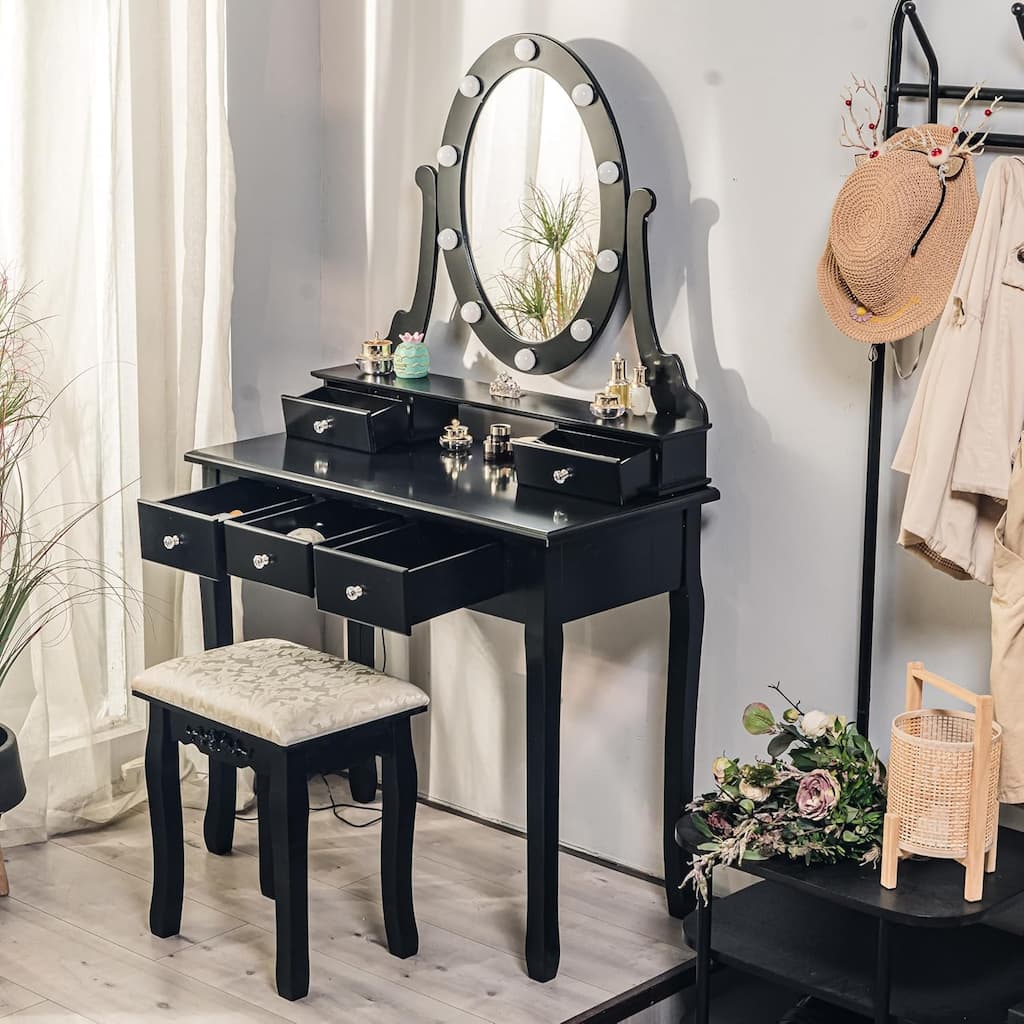 Modern Vanity Desk with Oval Mirror and Stool - Wood Makeup Dressing Table, 3 Lighting Modes, 5 Large Drawers