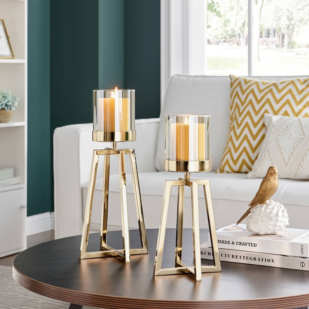 Danya B. Maeve Tinted Glass Warm Gold Pedestal Hurricane Candle Holders - Set of 2