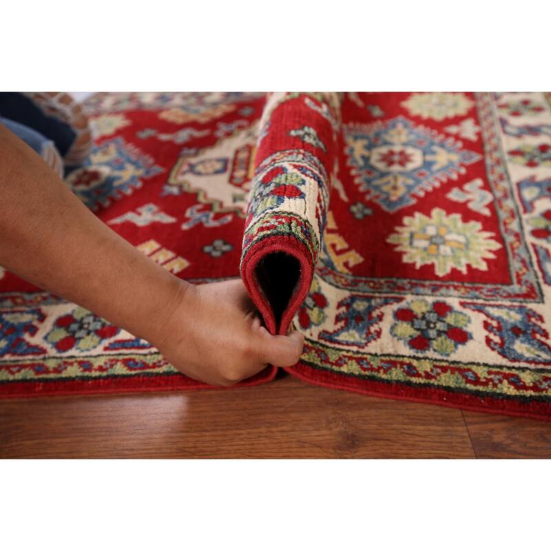 Red Geometric Kazak Pakistan Accent Rug Handmade Wool Carpet - 2'9" x 3'9"