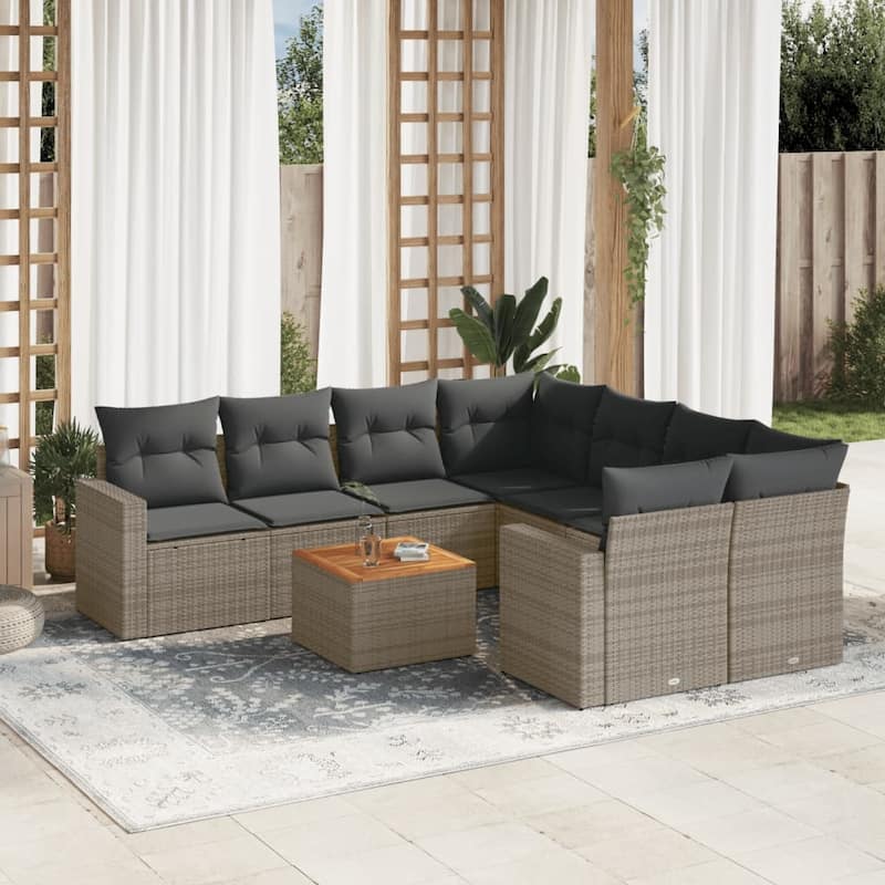 vidaXL Patio Sofa Set with Cushions Outdoor Furniture 9 Piece Poly Rattan - 25.8 x 24.4 x 27.2 - Grey