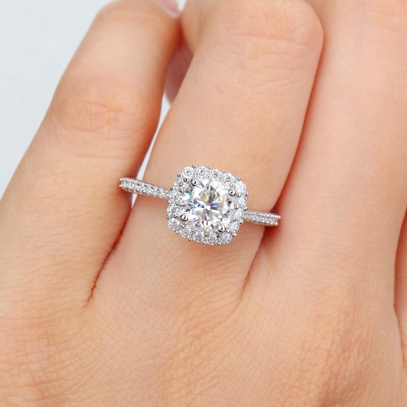 Miadora 1 3/8ct DEW Cushion-Cut Created Moissanite Halo Ring in Sterling Silver