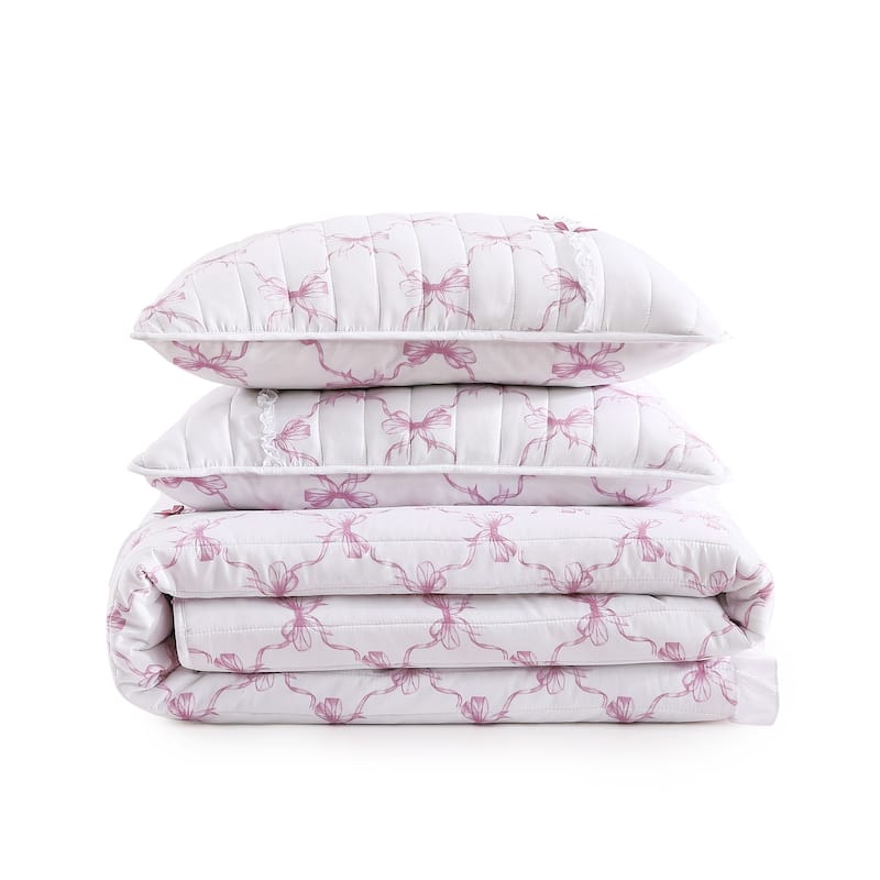 Maisy Bows Mauve White All-Season Embellished Ruffle Reversible Quilt Set - Full/Queen