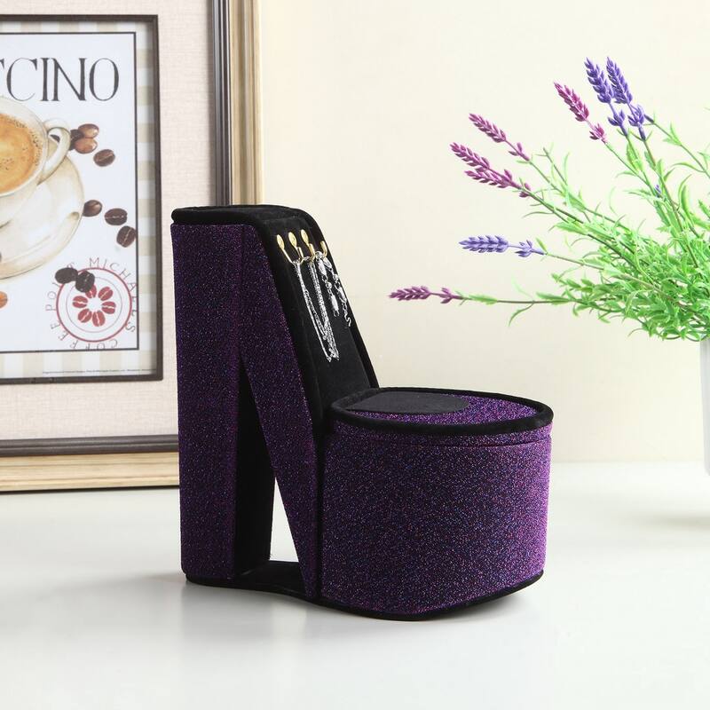 High Heel Shoe Design Jewelry Box with Hooks - Purple Velvet
