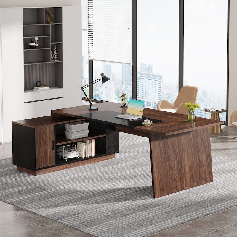 78-Inch L-Shaped Executive Desk with File Cabinet for Home Office
