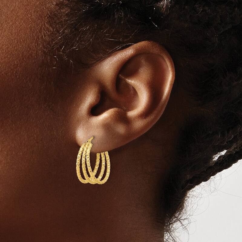 Curata 14k Yellow Gold Polished and Textured Three Row Hoop Post Earrings - 19.45x18.7mm