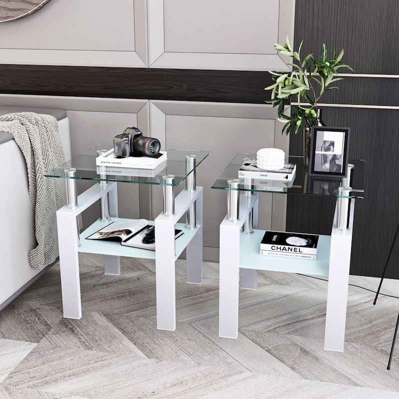 Set Of 2, Modern Tempered Glass Tea Table Coffee Table End Table - White