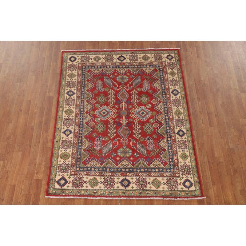Geometric Kazak Area Rug Hand-Knotted Oriental Wool Carpet - 4'11" x 6'3"