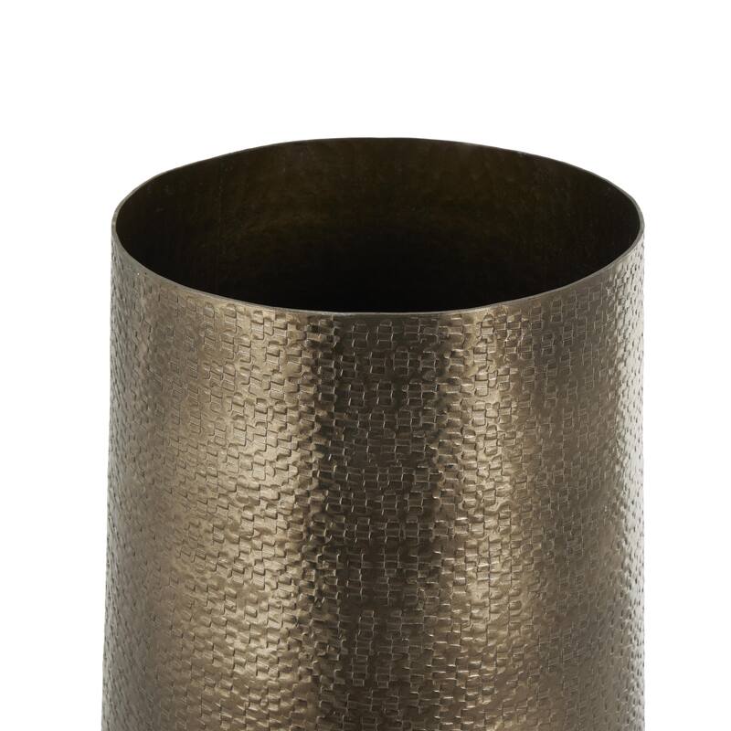 Brass Aluminum Metal Textured Wide Floor Geometric Decorative Vase with Elevated Base