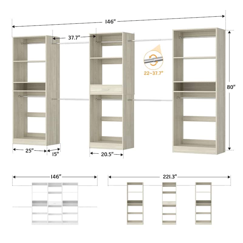 70'' - 221'' Set of 3 Closet System Organizer with Adjustable Hanging Rods and Shelves