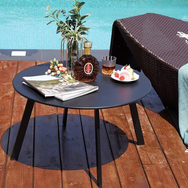 Patio Round Steel Patio Coffee Table, Weather Resistant Outdoor Large Side Table