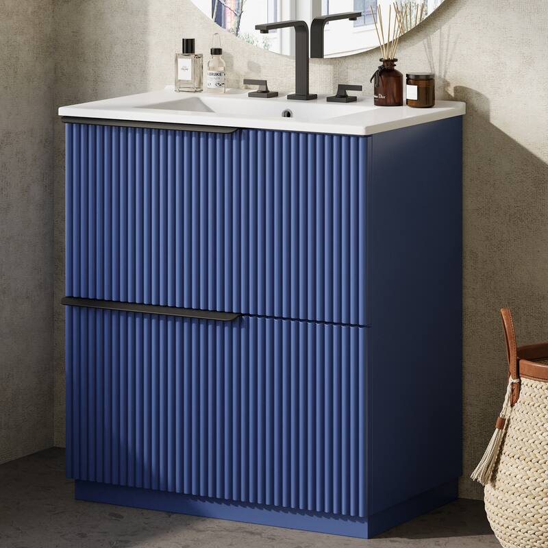 Vertical Grooves Bathroom Cabinet Storage Vanity with Ceramic Sink, Full-Extension Split Drawers and Soft Close Drawer Slides