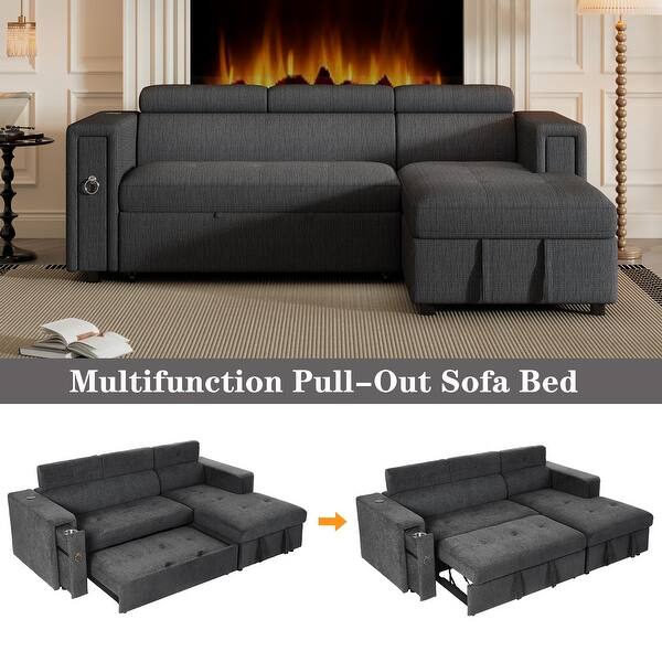 Grey LShaped Sectionals PullOut Loveseat Bed w/ Adjustable Headrest