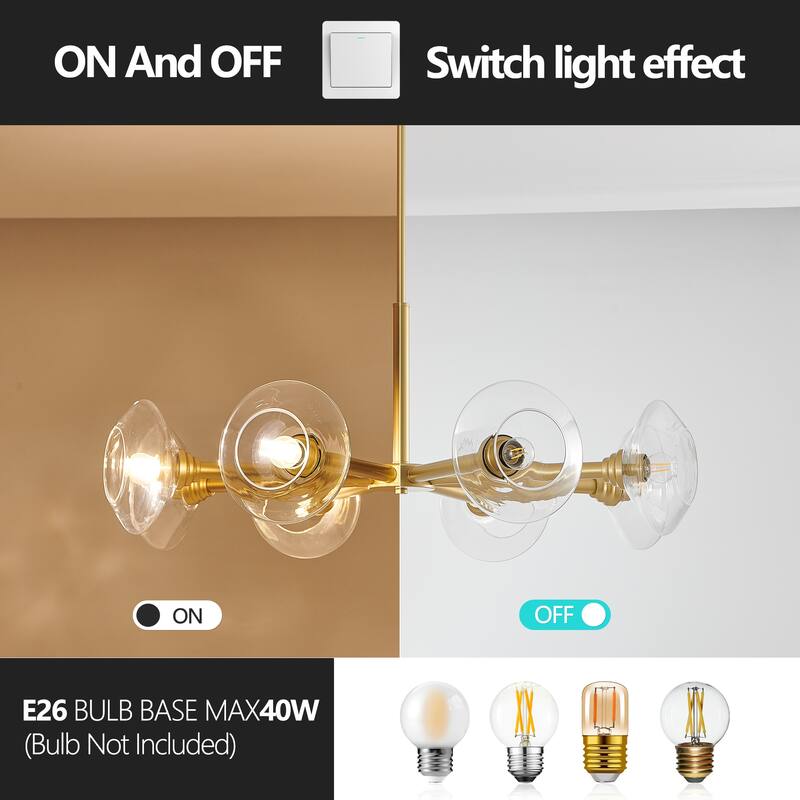 Mid-Century Hanging Pendant Light 8-Light Chandelier with Clear Glass Shades, for Dining Room, Living Room and Kitchen, Gold