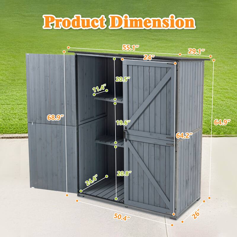 Tall Outdoor Storage Shed - 55.1"L x 29.1"W x 68.9"H, Metal Frame Garden Cabinet, Blue Gray