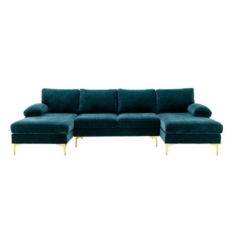 U-shape Sleeper Sofa Chenille Fabric Sectional Sofa with Pillow Top Arms Chaise