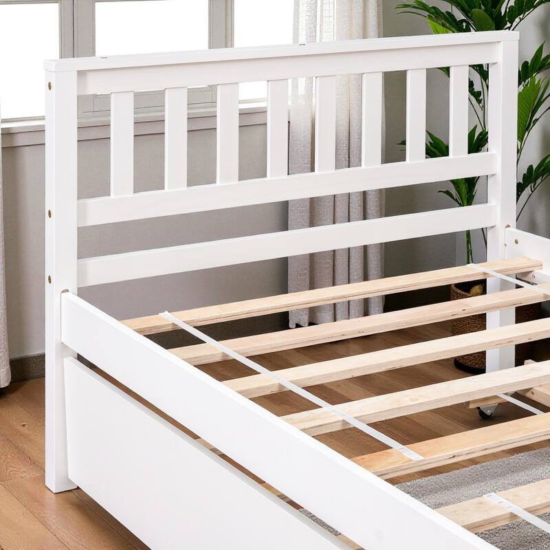Twin Size Wooden Platform Bed with Trundle, Headboard and Footboard, Space-Saving Design for Guest or Small Bedroom