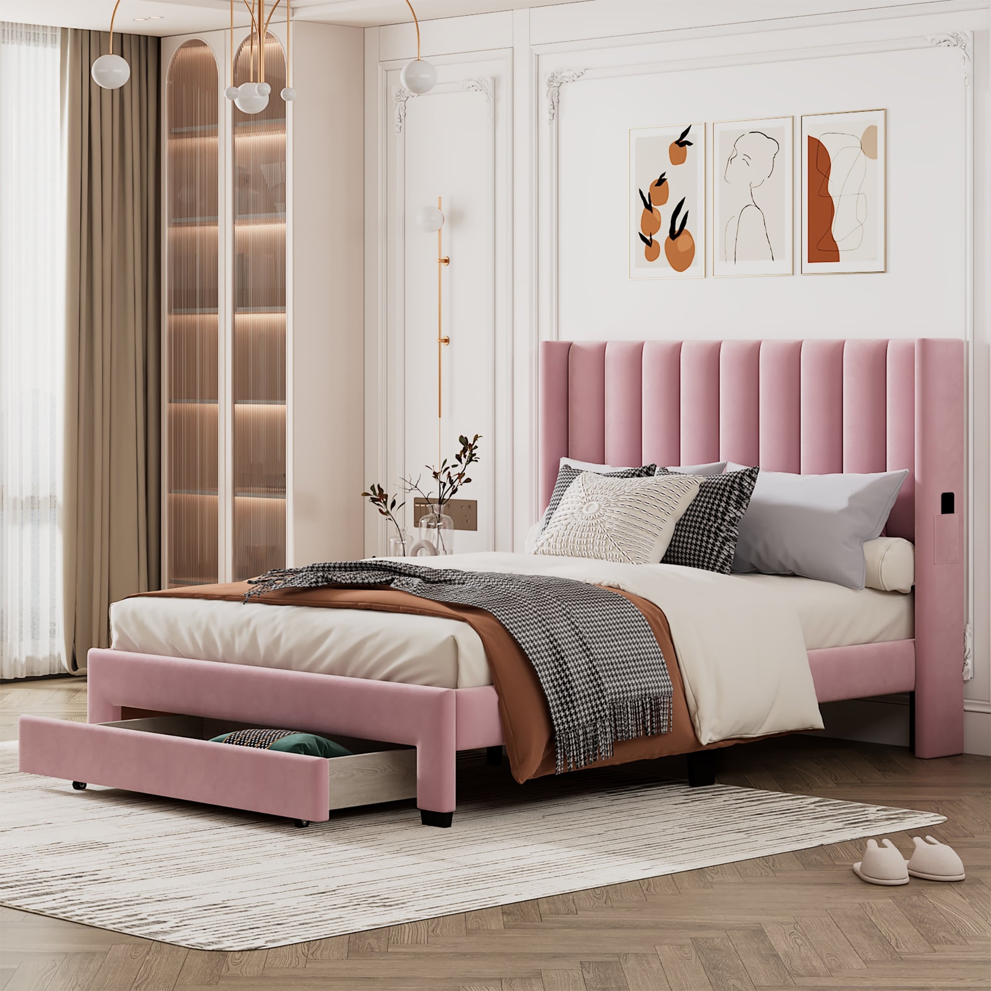 Pink Queen Platform Bed in Velvet Upholstery with Headboard and Drawer - Sturdy Wood Frame