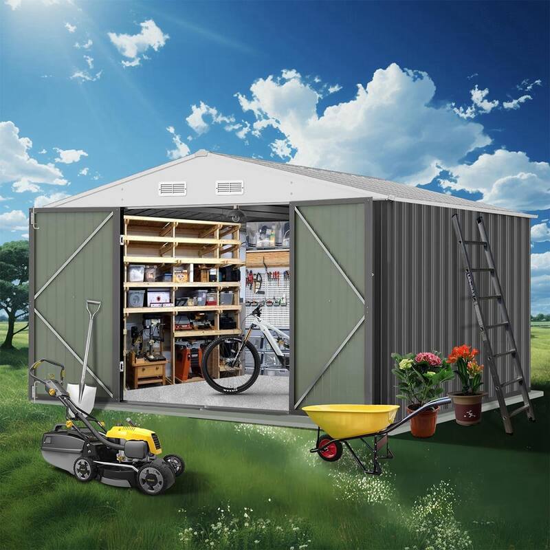Outdoor Metal Storage Shed with Lockable Doors and Sloping Roof - 10' x 8' - Grey