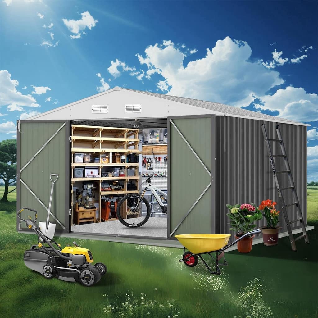 Outdoor Metal Storage Shed with Lockable Doors and Sloping Roof
