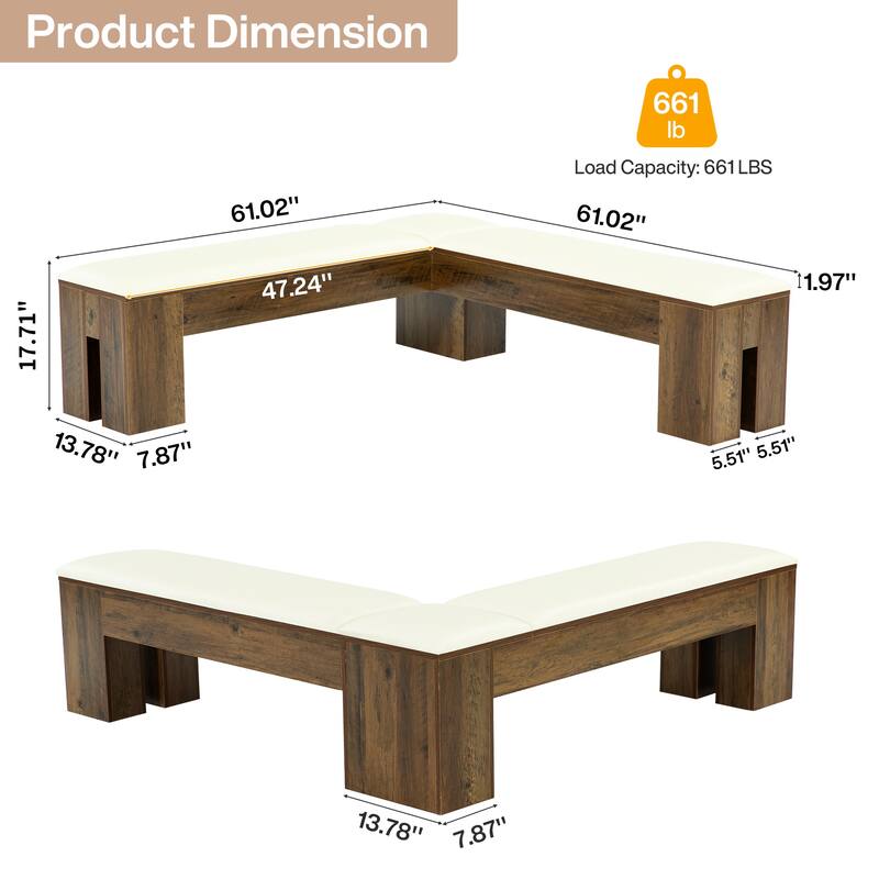 61 Inch L-Shaped Bench with Cushion, Corner Kitchen Breakfast Nook Bench for Entryway / Bedroom / Living Room / Dining Room
