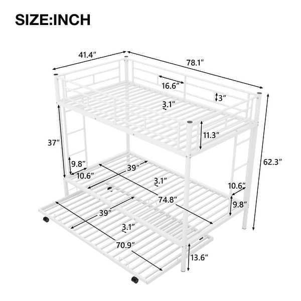 dimension image slide 0 of 3, Twin over Twin Bunk Bed w/2 Side Ladder, Trundle and Guardrail, Modern Style Bunk Beds w/Slats, No Box Spring Required for Kids