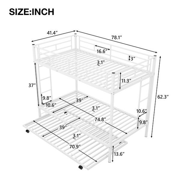 White Twin over Twin Size Metal Bunk Bed with Trundle, Ladder and Fence for Bedroom