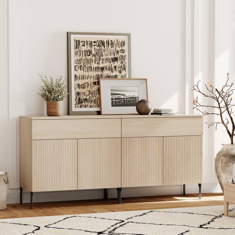 4 Pcs Bedroom Set，Wooden Dresser and Nightstand Sets, Reeded Dresserwith Doors, Night Stand of 2 with Charging