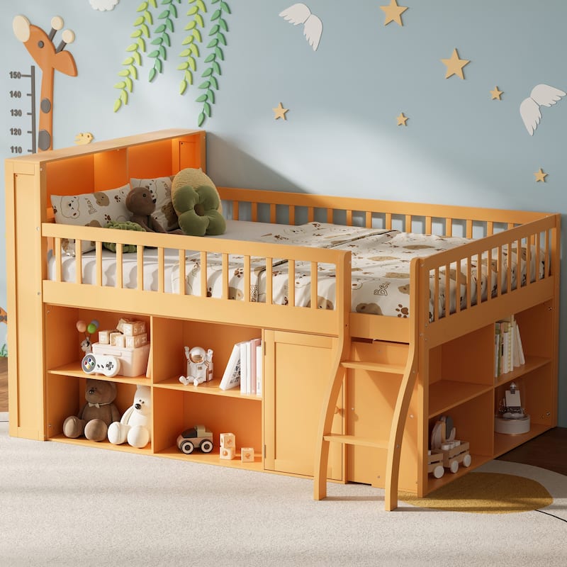 GDFStudio - PureSpace Modern Wooden Loft Bed with Storage and LED Headboard